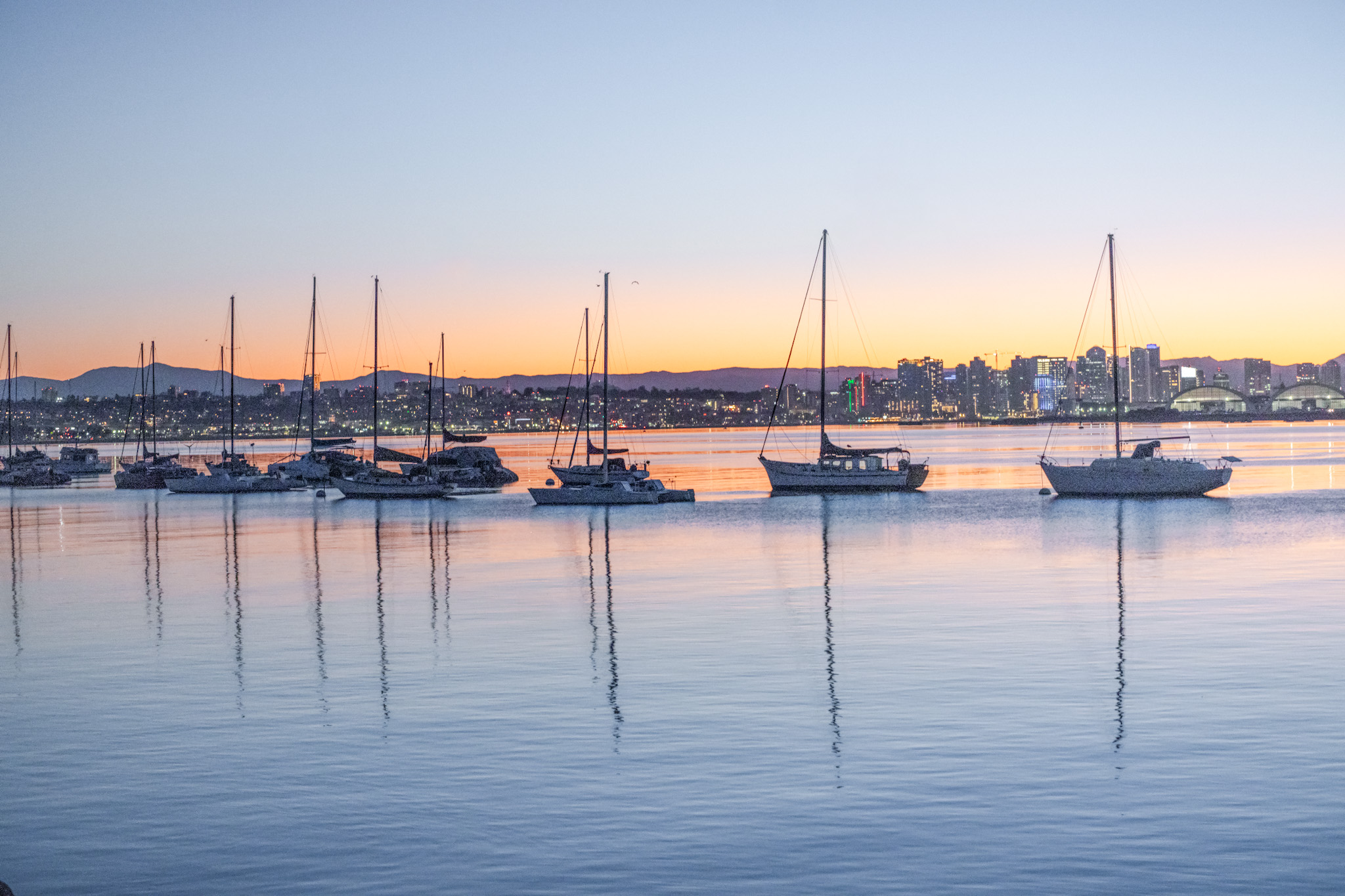 San Diego marina and downtown skyline at sunset