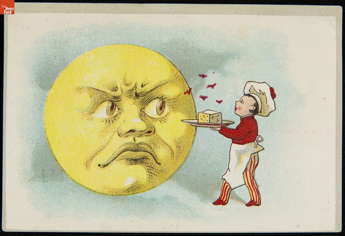 Fleischmann trade card showing a child dressed as a chef presenting a plate to a moon face