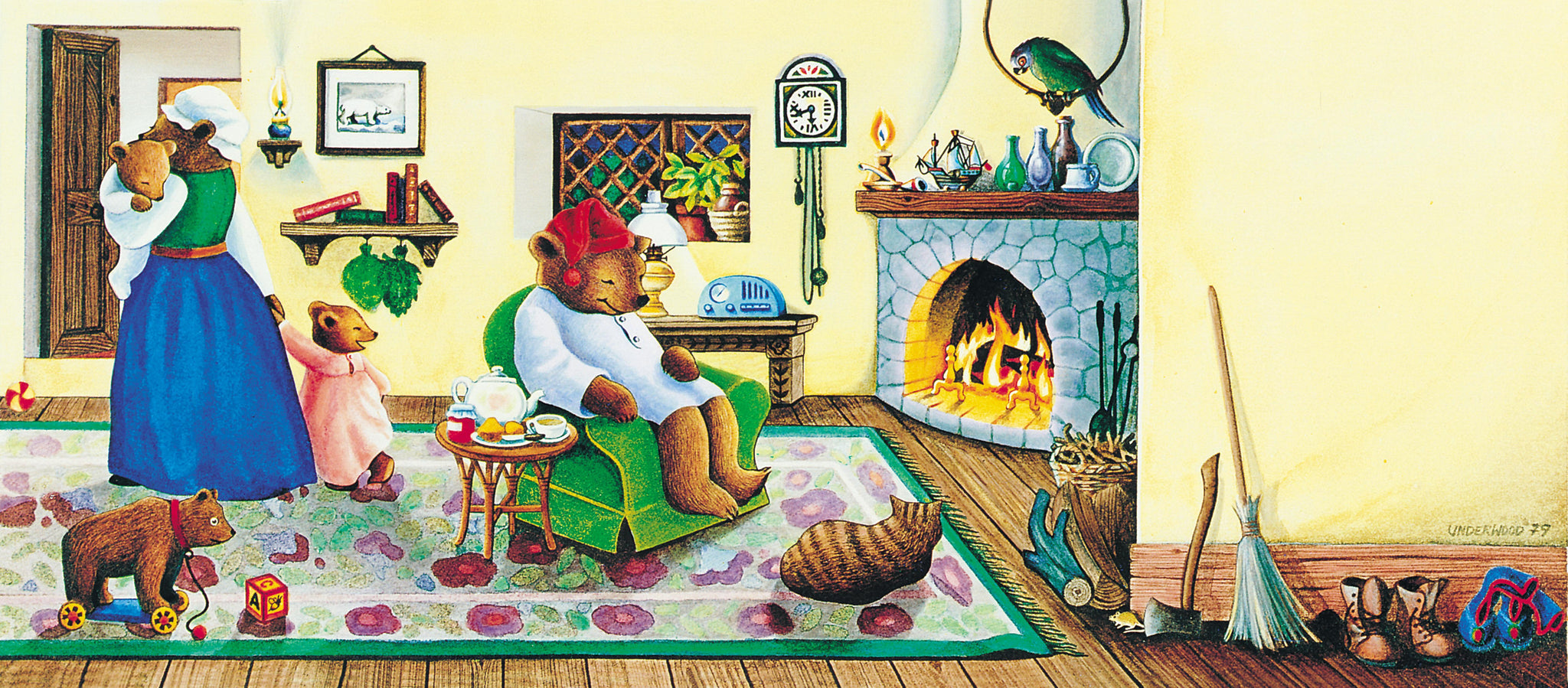 Celestial Seasonings Sleepytime illustration with a bear resting beside a fireplace