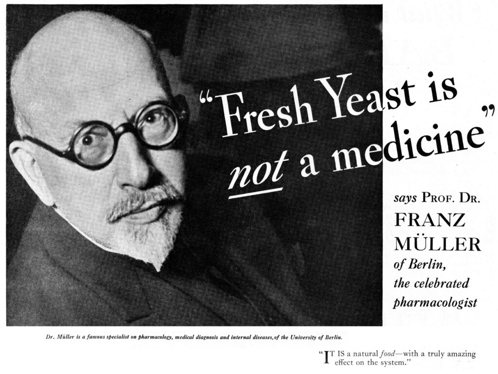 A Fleischmann’s yeast advertisement featuring a doctor and large health claims